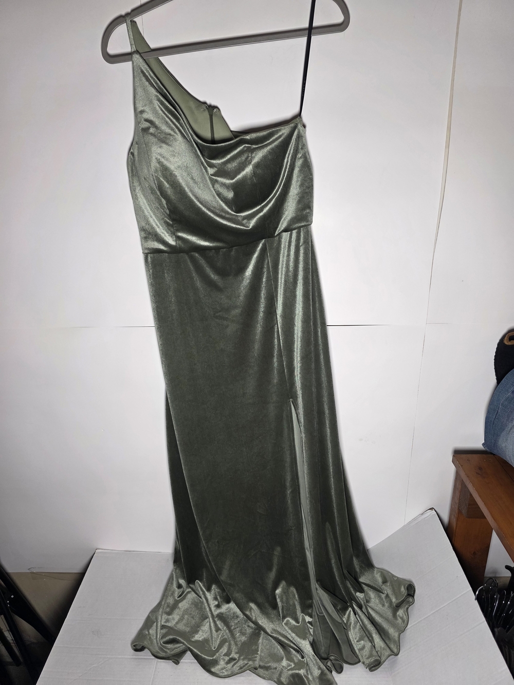 Women One Shoulder Velvet Maxi Dress with Slit After Six Green/Sage Satin Cowl